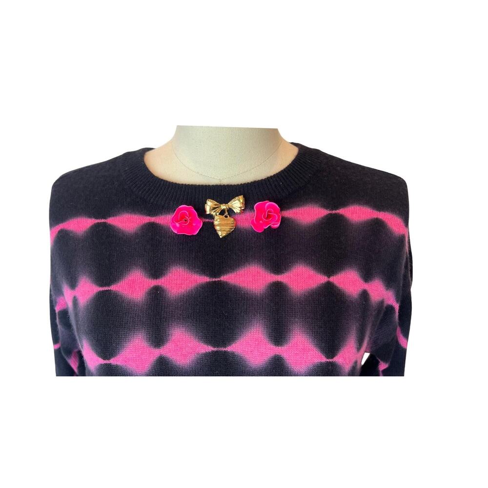 Womens Upcycled Cashmere Striped Sweater with Vintage Flower Pins r | Size S